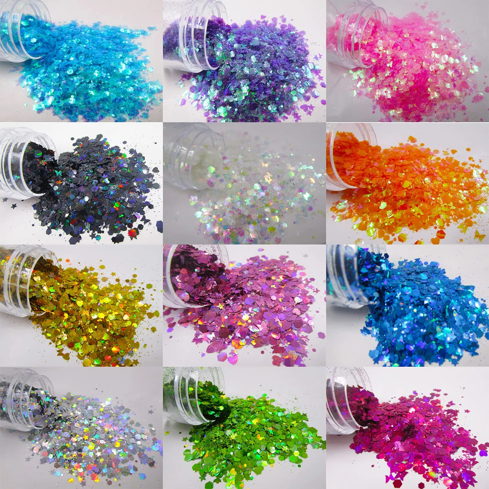 12 Colors Butterfly Star Chunky Glitter Flakes Holographic Heart Hexagon Shapes Crafts Body Glitter Sparkles Nail Sequins Stickers Accessories for Nail Arts, Resin Epoxy, Paints, Makeup