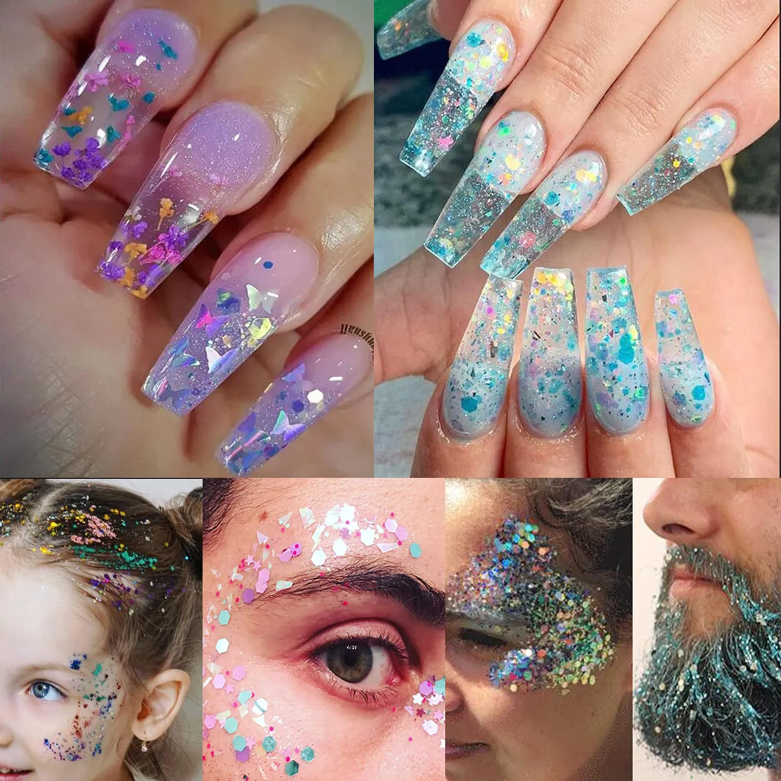 12 Colors Butterfly Star Chunky Glitter Flakes Holographic Heart Hexagon Shapes Crafts Body Glitter Sparkles Nail Sequins Stickers Accessories for Nail Arts, Resin Epoxy, Paints, Makeup