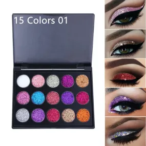 15 Colors Pro Glitter Eyeshadow Palette,Chunky & Fine Pressed Glitter Eye Shadow Powder Makeup Pallet Palettes Mermaid Small Sequins Highly Pigmented Ultra Shimmer Shiny Sparkling for Face Body Set01