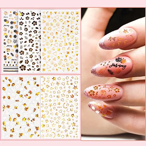 18 PCS Nail Art Stickers, Smallbudi Self-Adhesive Nail Decoration Kit with 12 Sheets Nail Art Decals & 5 Boxes Nail Art Glitter Flakes for Women and Girls Nail Design Stickers
