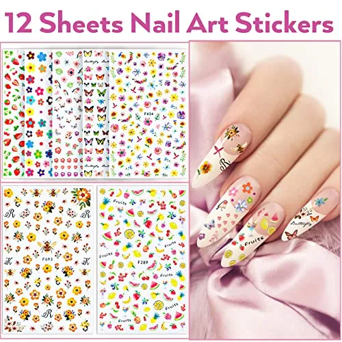 18 PCS Nail Art Stickers, Smallbudi Self-Adhesive Nail Decoration Kit with 12 Sheets Nail Art Decals & 5 Boxes Nail Art Glitter Flakes for Women and Girls Nail Design Stickers
