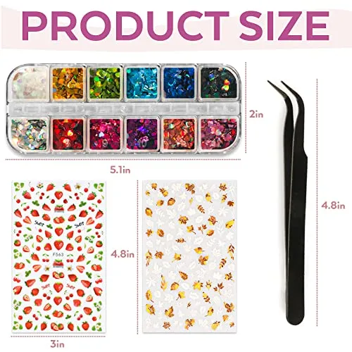 18 PCS Nail Art Stickers, Smallbudi Self-Adhesive Nail Decoration Kit with 12 Sheets Nail Art Decals & 5 Boxes Nail Art Glitter Flakes for Women and Girls Nail Design Stickers