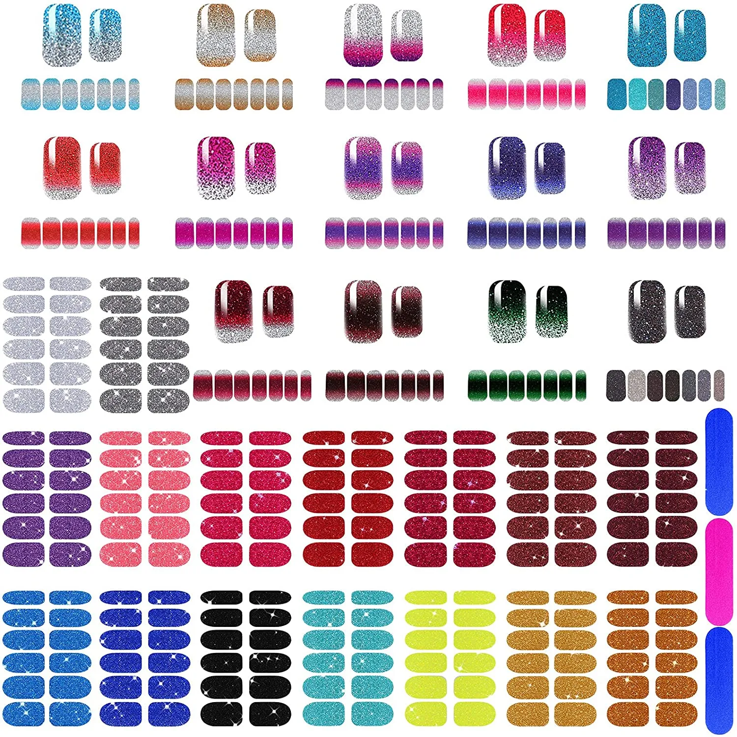 388 Pieces 30 Sheets Glitter Full Wraps Nail Polish Stickers Self-Adhesive Nail Art Decals Nail Polish Strips with Nail Files for Women Girls DIY Nail Art Decoration (Classical Style)