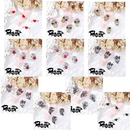 5D Embossed Metal Halloween Nail Charms with Rhinestone Design Skull Nail Charms 20Pcs Gold Silver Black Alloy Skeleton Charms Gems Luxury Sparkly Skull Nail Jewelry for Acrylic Nails Women Manicure