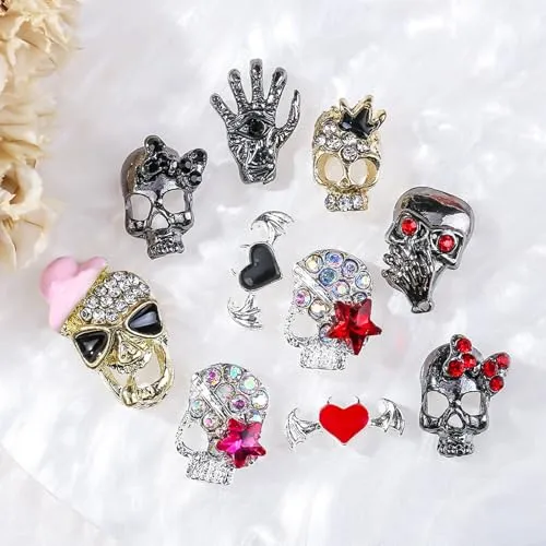 5D Embossed Metal Halloween Nail Charms with Rhinestone Design Skull Nail Charms 20Pcs Gold Silver Black Alloy Skeleton Charms Gems Luxury Sparkly Skull Nail Jewelry for Acrylic Nails Women Manicure