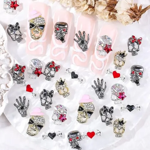 5D Embossed Metal Halloween Nail Charms with Rhinestone Design Skull Nail Charms 20Pcs Gold Silver Black Alloy Skeleton Charms Gems Luxury Sparkly Skull Nail Jewelry for Acrylic Nails Women Manicure