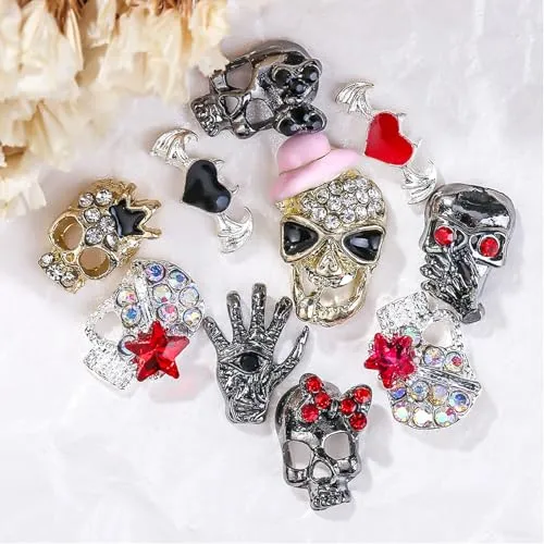 5D Embossed Metal Halloween Nail Charms with Rhinestone Design Skull Nail Charms 20Pcs Gold Silver Black Alloy Skeleton Charms Gems Luxury Sparkly Skull Nail Jewelry for Acrylic Nails Women Manicure