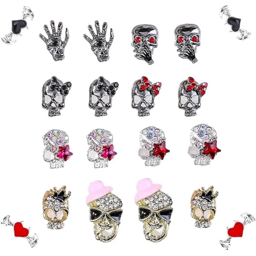 5D Embossed Metal Halloween Nail Charms with Rhinestone Design Skull Nail Charms 20Pcs Gold Silver Black Alloy Skeleton Charms Gems Luxury Sparkly Skull Nail Jewelry for Acrylic Nails Women Manicure