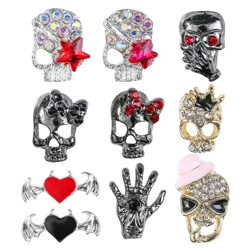 5D Embossed Metal Halloween Nail Charms with Rhinestone Design Skull Nail Charms 20Pcs Gold Silver Black Alloy Skeleton Charms Gems Luxury Sparkly Skull Nail Jewelry for Acrylic Nails Women Manicure