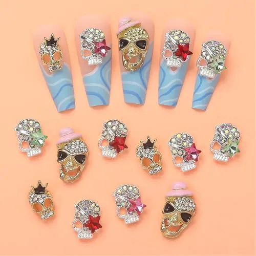 5D Embossed Metal Halloween Nail Charms with Rhinestone Design Skull Nail Charms 20Pcs Gold Silver Black Alloy Skeleton Charms Gems Luxury Sparkly Skull Nail Jewelry for Acrylic Nails Women Manicure