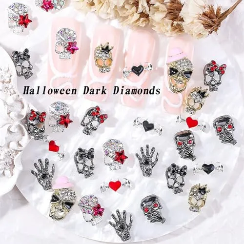 5D Embossed Metal Halloween Nail Charms with Rhinestone Design Skull Nail Charms 20Pcs Gold Silver Black Alloy Skeleton Charms Gems Luxury Sparkly Skull Nail Jewelry for Acrylic Nails Women Manicure