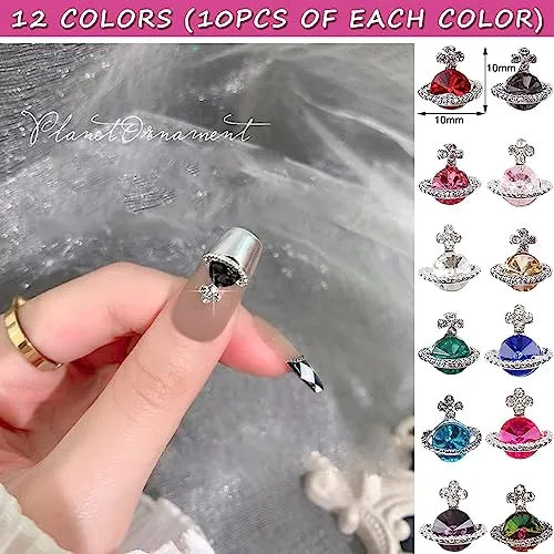 60Pcs Planet Nail Charms, 3D Nail Charms Y2K Silver Alloy Nail Rhinestones for Acrylic Nails Saturn Shape Crystals Nail Gems, Luxury Diamonds Nail Jewels for Nail Art DIY Nail Designs (12 Colors)