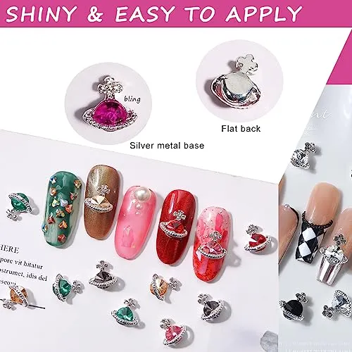 60Pcs Planet Nail Charms, 3D Nail Charms Y2K Silver Alloy Nail Rhinestones for Acrylic Nails Saturn Shape Crystals Nail Gems, Luxury Diamonds Nail Jewels for Nail Art DIY Nail Designs (12 Colors)