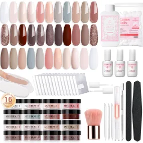 AZUREBEAUTY 130 Pcs Dip Powder Nail Kit,16 Colors Nude Pink Shine Brown Gray Dip Powder Liquid Set with Professional Remover/Top/Base Coat/Activator for Nails Art Manicure DIY Salon Women