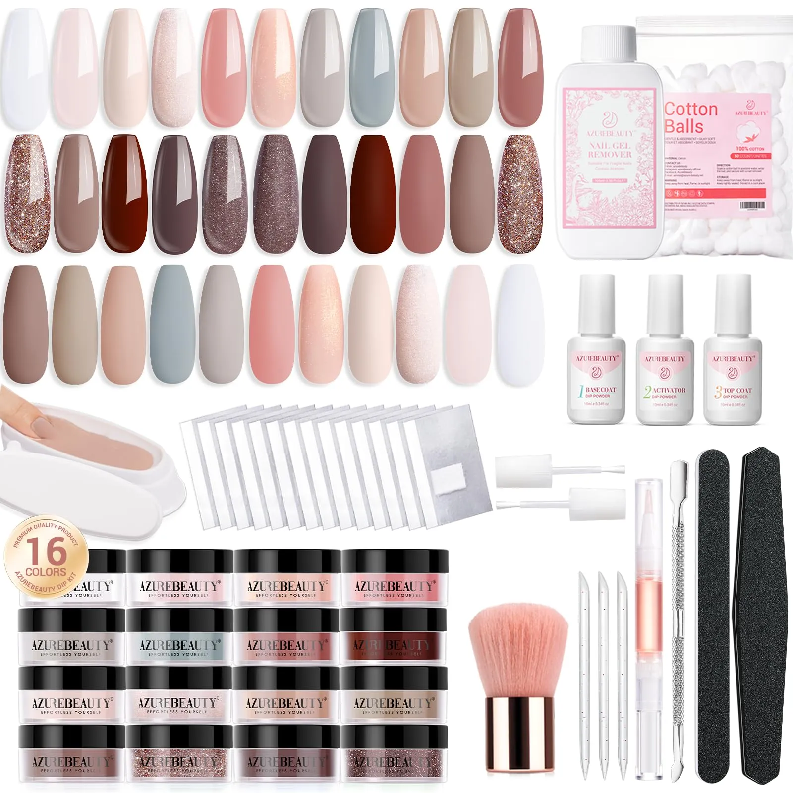 AZUREBEAUTY 130 Pcs Dip Powder Nail Kit,16 Colors Nude Pink Shine Brown Gray Dip Powder Liquid Set with Professional Remover/Top/Base Coat/Activator for Nails Art Manicure DIY Salon Women