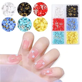 BAIYIYI Mixed 3D Flower Nail Charms and Metal Caviar Beads, Acrylic Resin Flowers Nail Design Gold Silver Nail Ball Beads for DIY Decoration Nail Craft Accessories With Pickup Pencil(Bright Colors)