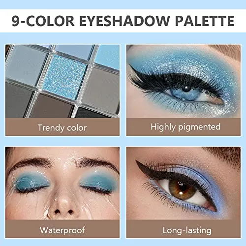 CAKAILA 9 Colors Blue Grey Highly Pigmented Colorful Eyeshadow Palette,Matte Shimmer Navy Blue Sky Blue Grey Eye Shadow Makeup Palettes,Long