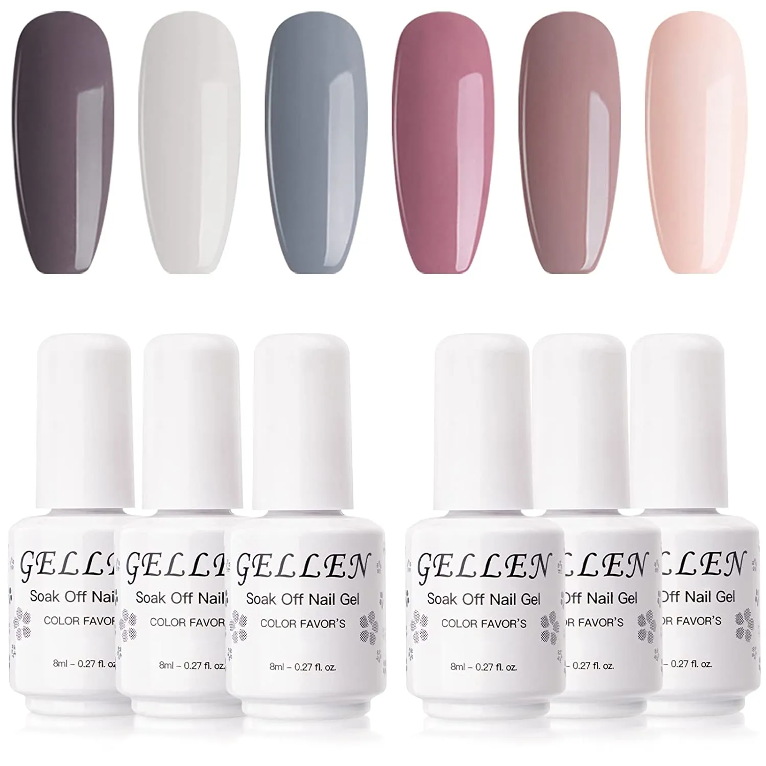 Gellen Gel Nail Polish Kit- Nude Grays 6 Colors, Popular Nail Art Design Classic Pastels Natural Shades Gel Polish Home Gel Manicure Set