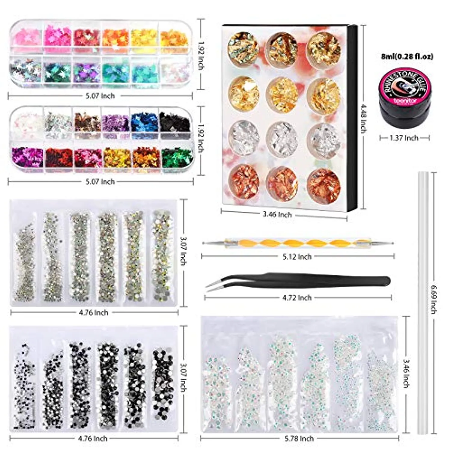 Nail Rhinestones and Glue, Teenitor Nail Rhinestone Kit with Nail Art Diamonds with Glue Nail Foil Flakes Nail Sequins for Crystals Nails