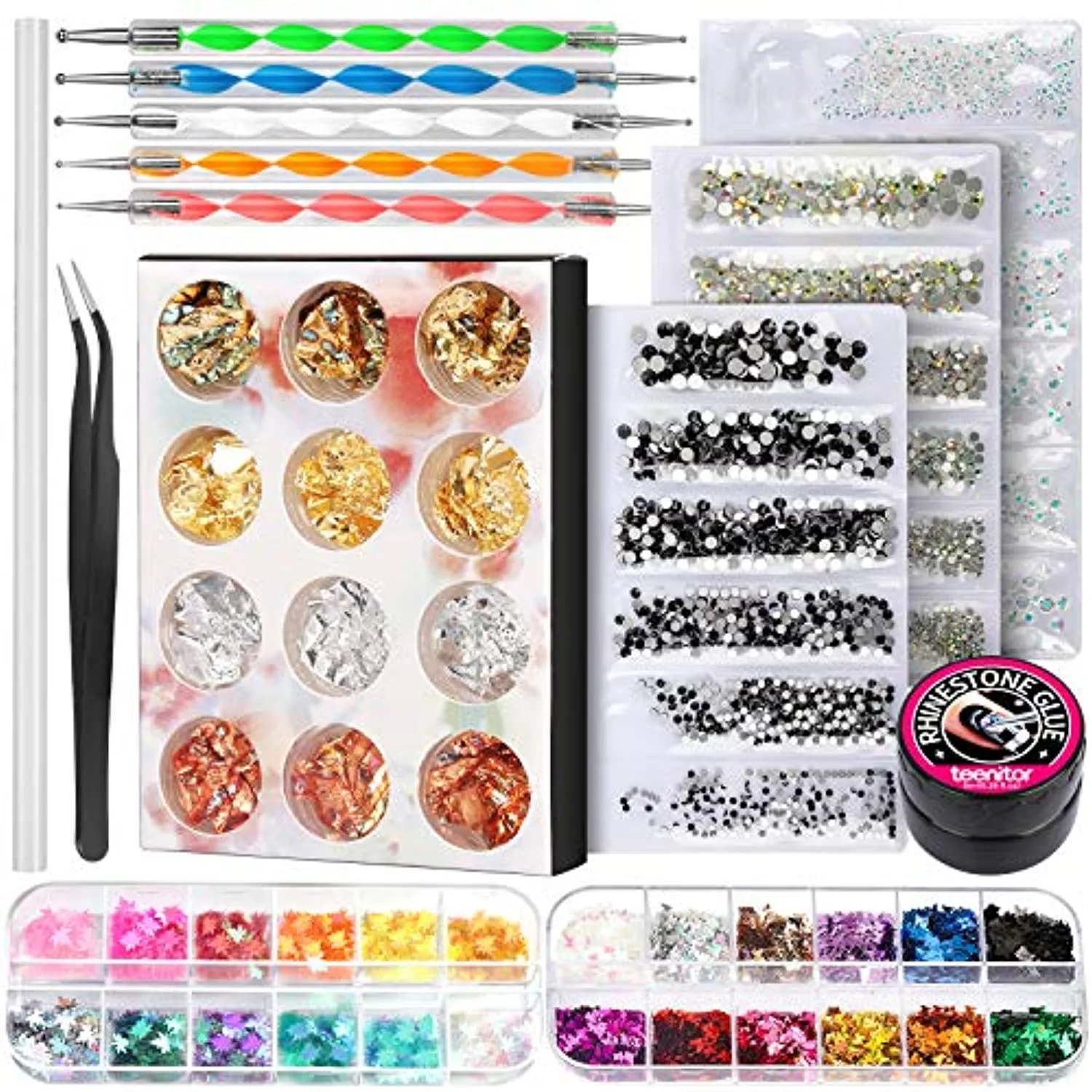 Nail Rhinestones and Glue, Teenitor Nail Rhinestone Kit with Nail Art Diamonds with Glue Nail Foil Flakes Nail Sequins for Crystals Nails