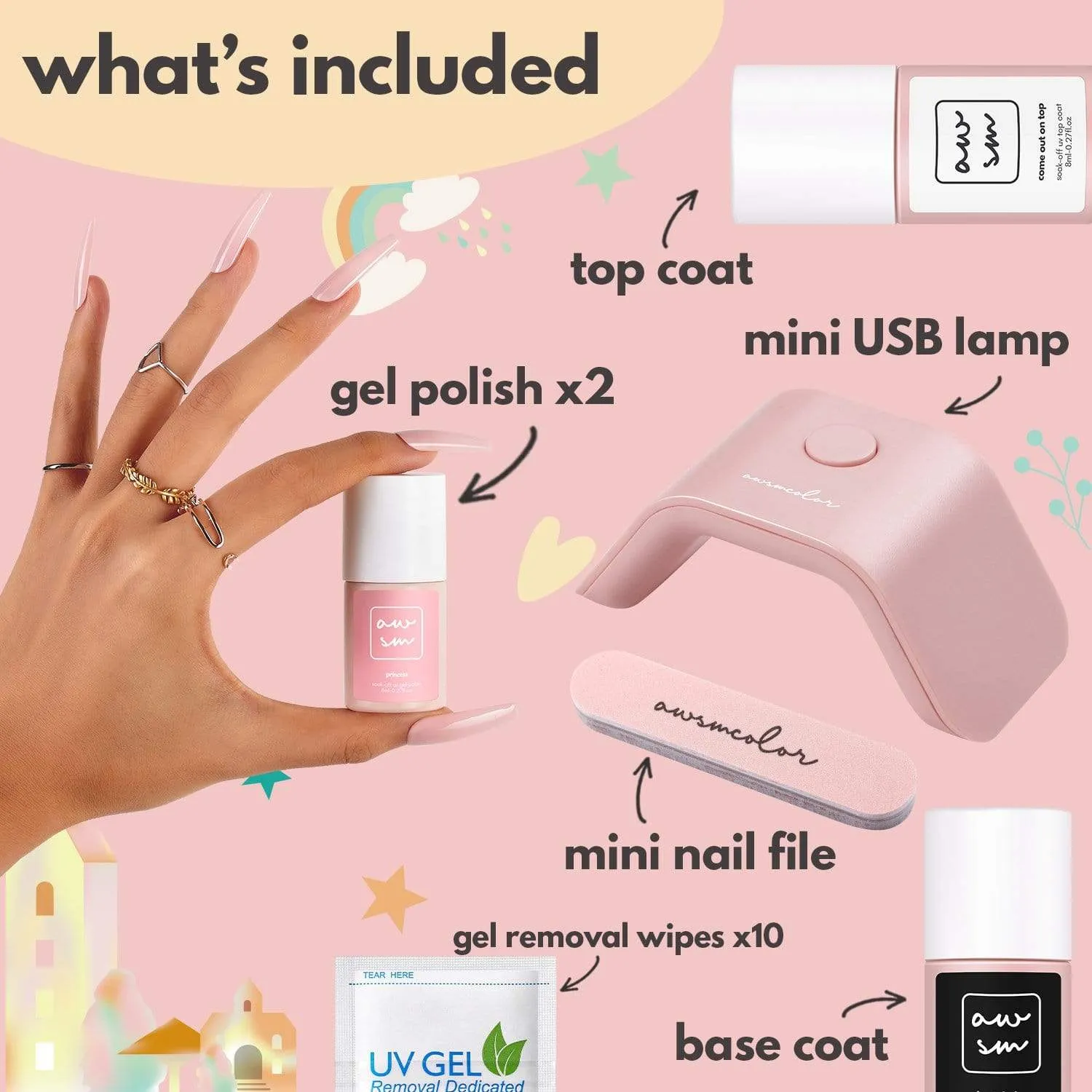 New "AwsmColor Always Enchanted Gel Nail Polish Kit with Base Coat, Top Coat, UV Lamp, Clean Up Packs, Nail File & 2 Gel Polish in colours Princess & Heroine!