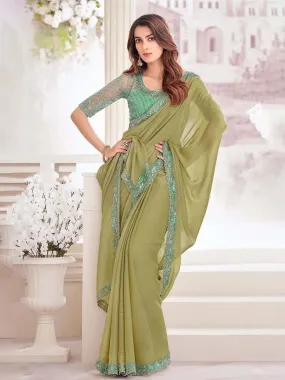 Vibrant Light Olive Georgette Shimmer Party Wear Saree