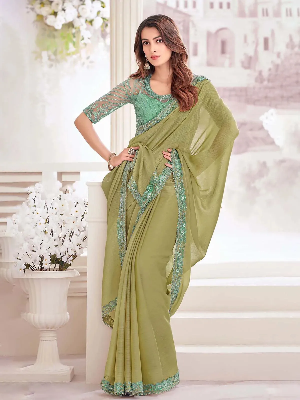 Vibrant Light Olive Georgette Shimmer Party Wear Saree